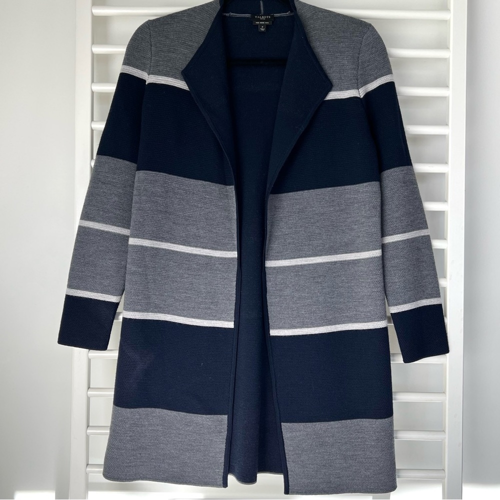 Merino Wool Striped Grey and Navy Open Front Long Duster Cardigan Talbots Petite